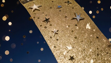 Golden ribbon adorned with stars, floating against a dark blue bokeh background