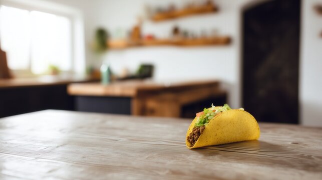Taco shell with beef and fresh vegetables on a wooden kitchen table. Generative AI