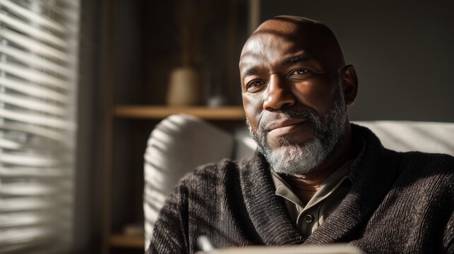 Contemplative Moment Captured in Soft Natural Light with a Relaxed Older Man Displaying a Thoughtful Expression at Home