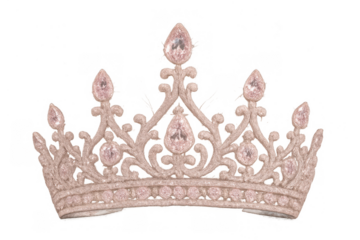 Rose gold crown adorned with glittering pink jewels, symbolizing royalty, success, beauty, and achievement, on transparent background