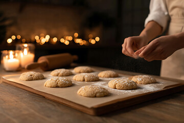 holiday baking therapy, decorating cookies by hand in a cozy kitchen, holiday baking vibes