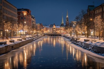 Fototapeta premium city skyline at night, seen from across an icy river in winter with illuminated buildings and street lamps, buildings and christmas trees in the background, a winter sky Generative AI