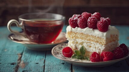 Indulge in creamy delight! A slice of heaven: Cream cake with fresh raspberries, a sweet escape for your senses, perfect for dessert lovers.