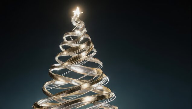 A spiraling metallic Christmas tree with a star at the top, on a dark background