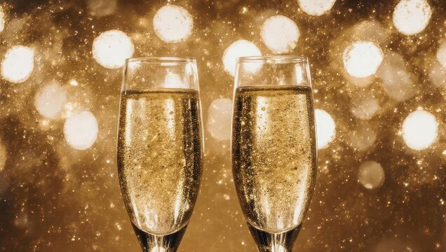 Two champagne flutes clinking, filled with bubbly liquid, against a golden bokeh backdrop - Powered by Adobe