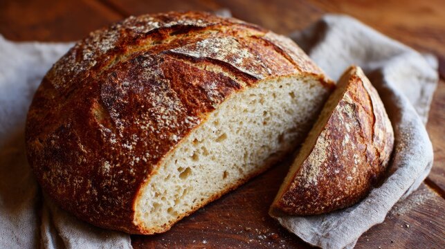 Loaf of fresh baked sourdough bread with a slice cut, showing crusty outside and soft crumb for baking or cooking concept.