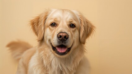 Golden retriever dog with happy expression, close-up portrait. Friendly, cheerful, smiling pet. Adorable dog face.