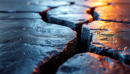 Cracked Ice Surface With Blue and Orange Lighting Dramatic Close Up Abstract Texture