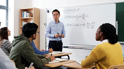 A classroom scene with a teacher writing on a whiteboard and students taking notes - Powered by Adobe