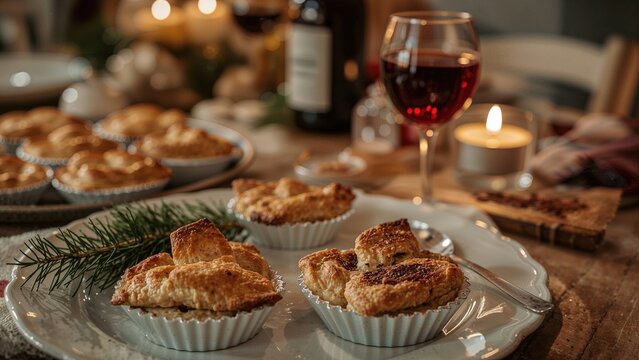 A cozy table setting with baked pies, a glass of red wine, a lit candle, and a bottle of wine, creating a warm and inviting atmosphere.