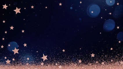 Obraz premium Dark blue background with scattered shimmering stars and bokeh effects
