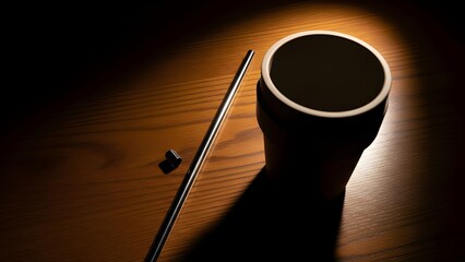 A reusable cup and stainless-steel straw placed on a wooden table