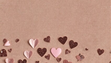 Beige background with various pink, glitter, and paper hearts scattered along the bottom