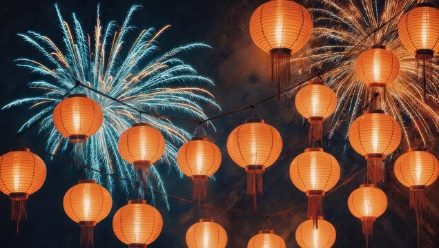 Illuminated orange paper lanterns strung with exploding fireworks in a dark night sky