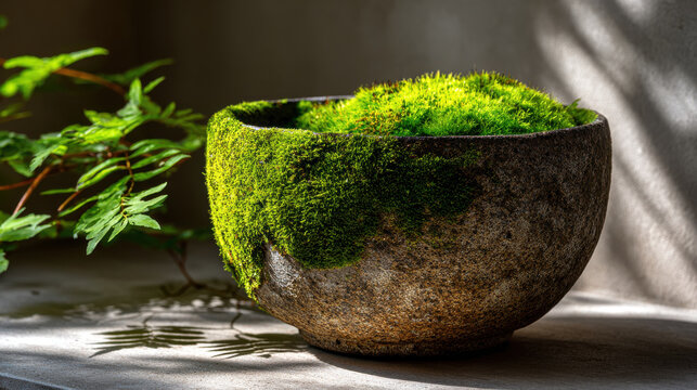 Beautiful moss covered bowl sits off beaten path, showcasing nature artistry with vibrant green hues and serene temple like ambiance