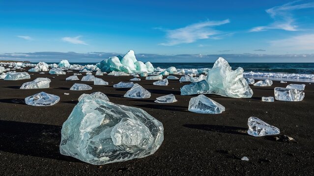 Icebergs on a black sand beach with ocean and blue sky. Nature and landscape, Arctic and Antarctic, glacial ice, environmental conservation, and climate change concept. - Powered by Adobe