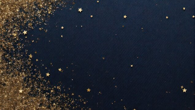 Dark blue background sprinkled with gold glitter, stars, and tiny golden particles