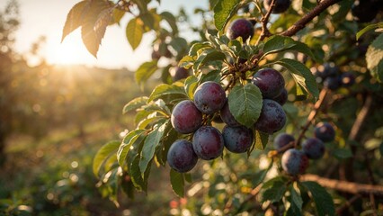 Fruits on a tree branch with green leaves illuminated by sunlight.