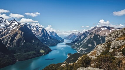 Snow-capped mountains surrounding a blue lake with lush greenery, under a partly cloudy sky.