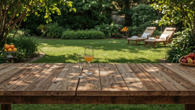 A wooden outdoor table with a glass of orange juice and a wine glass, set in a lush garden with lounge chairs, fruit, and green plants in the background.