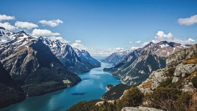 Snow-capped mountains surrounding a blue lake with lush greenery, under a partly cloudy sky.