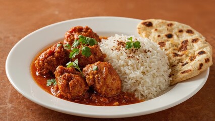 Plate of rice, meatballs in sauce, and naan bread. Traditional Indian or Middle Eastern cuisine. Food and dining. Delicious and flavorful meal.