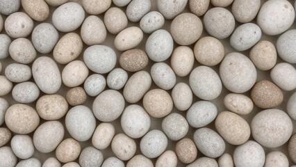 A collection of various-sized smooth stones and pebbles in neutral tones.