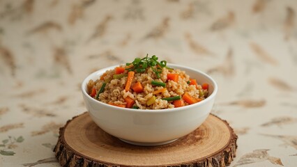 A bowl of fried rice with vegetables served on a wooden round-shaped tray.