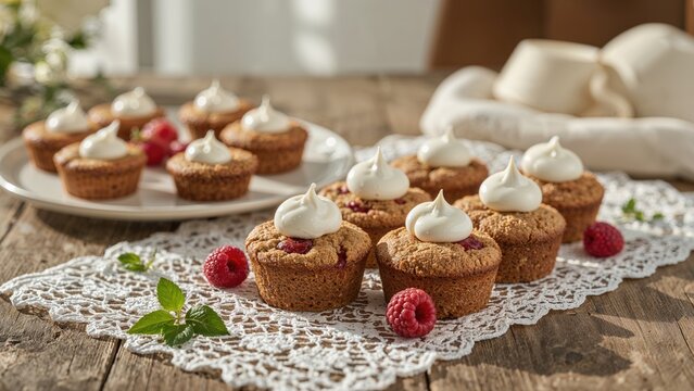 Fresh raspberry cupcakes with whipped cream topping arranged on a lace tablecloth. Homemade dessert presentation. Suitable for tea time or special occasions.