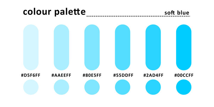 Color palette, soft blue edition with accurate rgb color code. Simple and clear color palette isolated on white background.