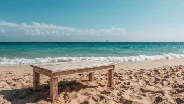 A wooden bench on the sandy beach with the ocean and sky in the background.
