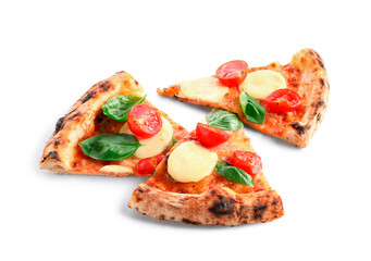 Slices of tasty pizza Margarita on white background