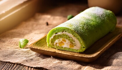 green fruit roll with sweet filling on rustic cloth by sunlit window