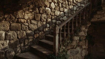 Stone wall and wooden staircase with railing in an old building or outdoor setting.