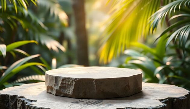 Natural stone base surface with a bokeh tropical forest background and lush green foliage.