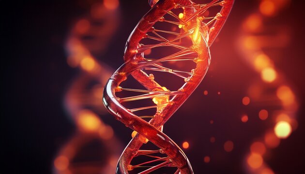 glowing red dna double helix digital molecular structure on dark background