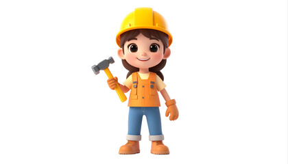 Young Construction Worker Girl Holding Hammer Figure.