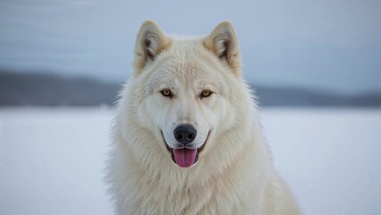 Obraz premium A white dog with yellow eyes and a pink tongue, looking happy against a background of water and sky.