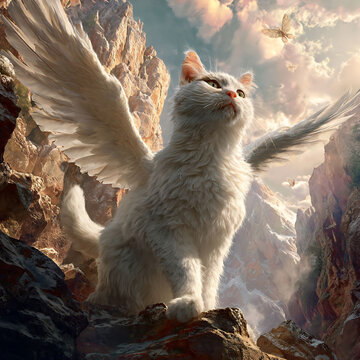 fantacy angel cat has wings on the mountain	