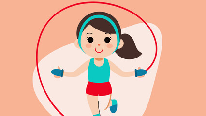 Cartoon woman jumping rope for exercise in a fitness illustration