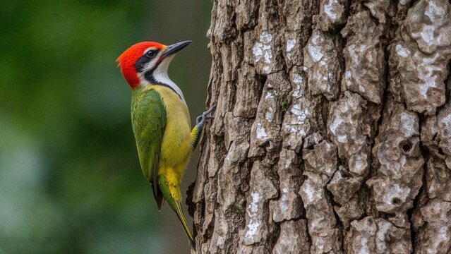 A colorful woodpecker perched on a tree trunk with a blurred green background. - Powered by Adobe