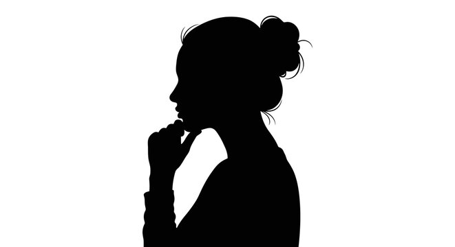 A minimalist black silhouette of a pensive woman, her hand gently touching her chin, lost in deep thought or contemplation, symbolizing introspection and decision-making