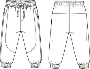Technical flat drawing of unisex voluminous low-crotch jogger pants with elastic drawstring waist and cuffed hem fashion CAD vector illustration, apparel template