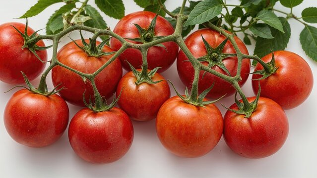 Cluster of ripe red tomatoes on the vine with green leaves, fresh and juicy. - Powered by Adobe