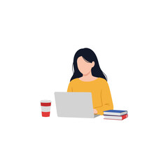 A young woman with dark hair wearing a yellow sweater is working on a laptop with a coffee cup and books nearby.