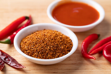 Chili flakes and Sriracha sauce in a bowl on wooden background