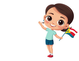 Fototapeta premium Cheerful cartoon girl waving national flag.