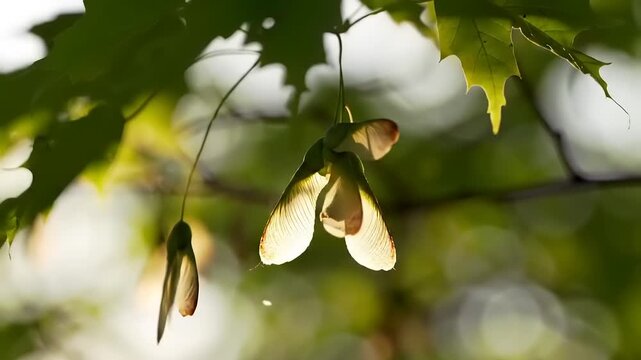 Maple seeds hanging from tree leaves.