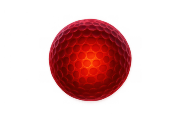 Red glowing golf ball with dimples on transparent background, symbolizing energy, power, and competition