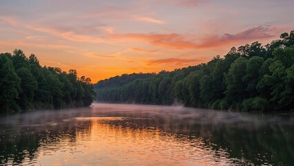 A tranquil river at sunset with lush green trees along both banks and mist rising from the water, creating a peaceful natural scene.